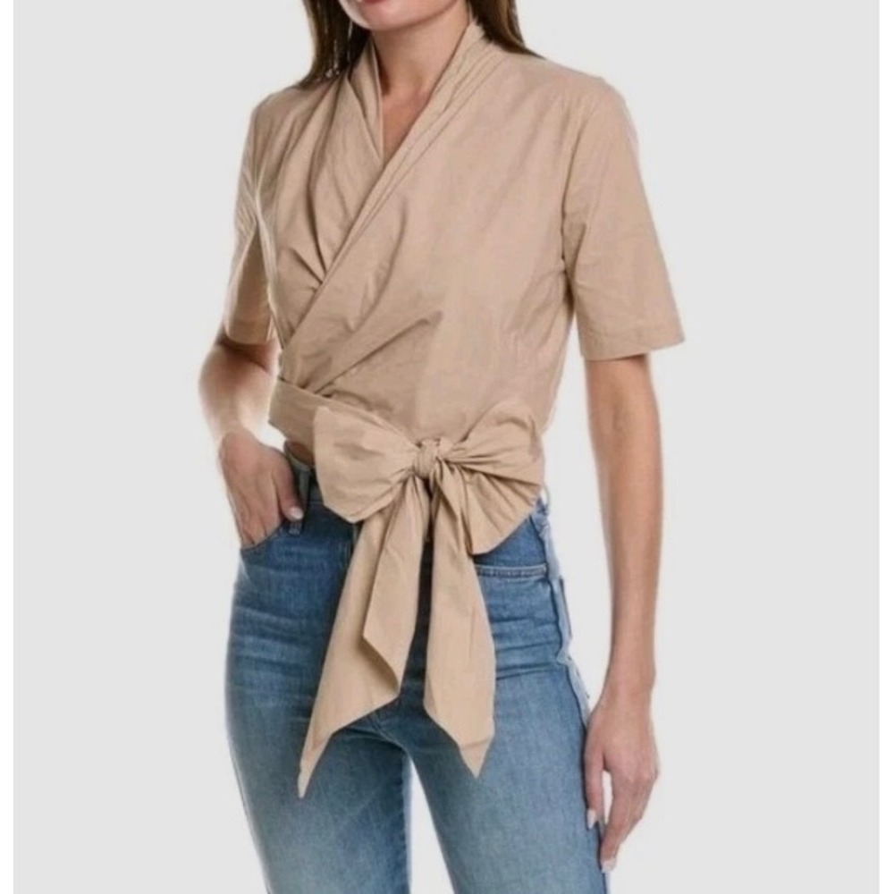 Trina Turk Womens Tan Khaki Short Sleeve Tie Front Wrap Cropped Top Size M